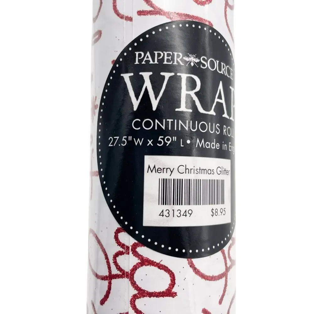 NWT Paper Source Merry Christmas Script Glitter Wrapping Paper Roll 27.5”x59”